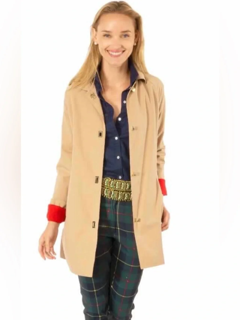 Gretchen Scott Tan Rain Coat with Red Cuff Detail - Picture 2 of 10